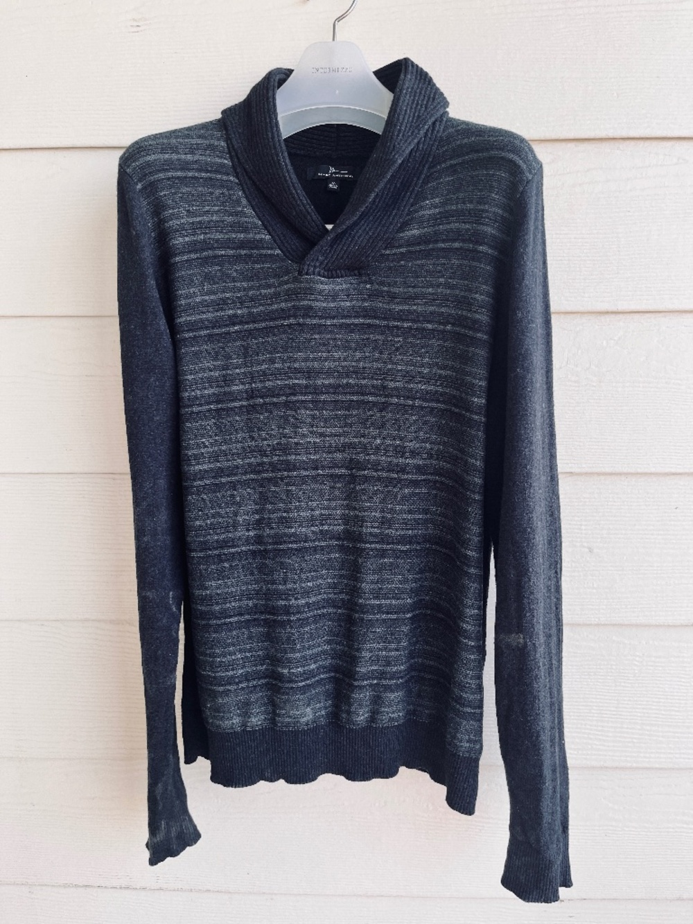 Marc Anthony Men's Shawl Collar Sweater M Grey Striped Cotton Cashmere Blend